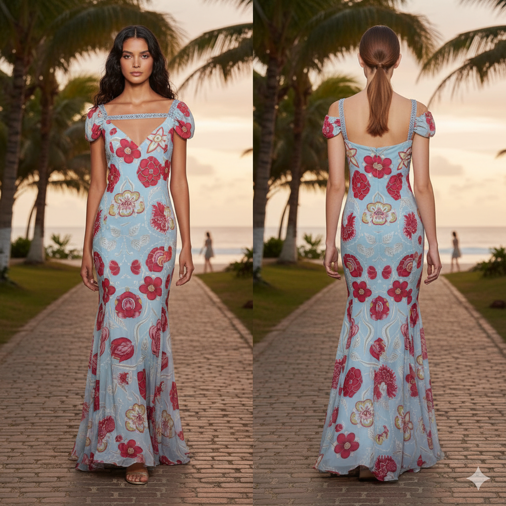 Marcella Acosta Long Flowers Dress Light Blue