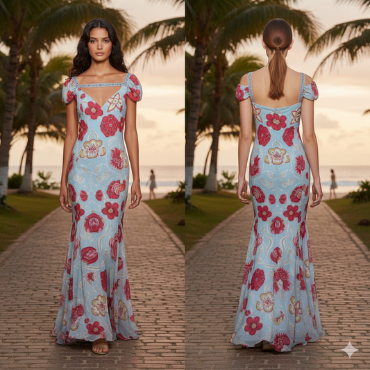 Marcella Acosta Long Flowers Dress Light Blue