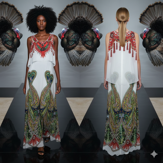 Genese Long White and Red Swarovski Flower Dress