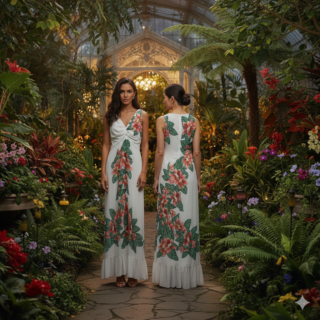 GENESE Sample Long White and Flowers Dress