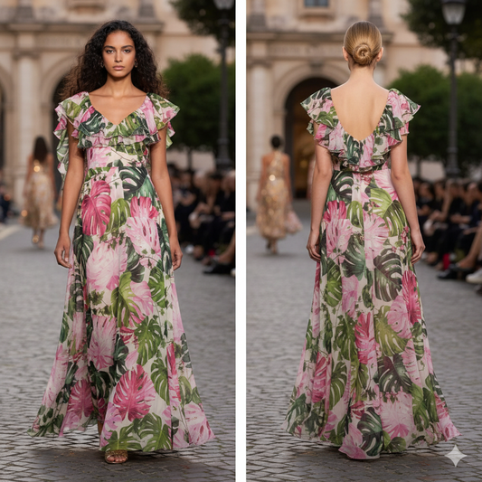 MA Long Silk Chiffon Flower Dress