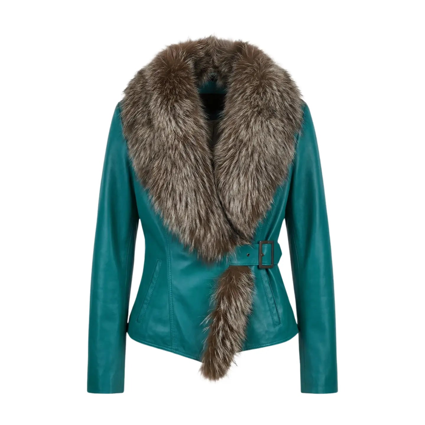 Turquoise Leather and Fox Jacket Marcella Acosta Couture Collection
