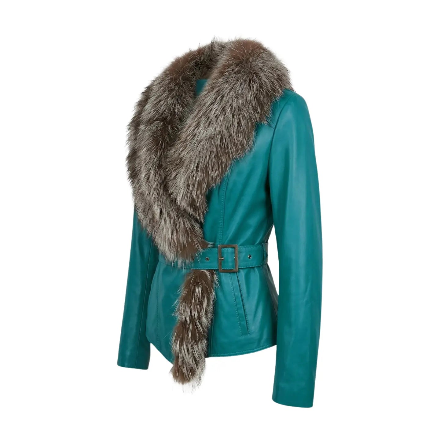 Turquoise Leather and Fox Jacket Marcella Acosta Couture Collection