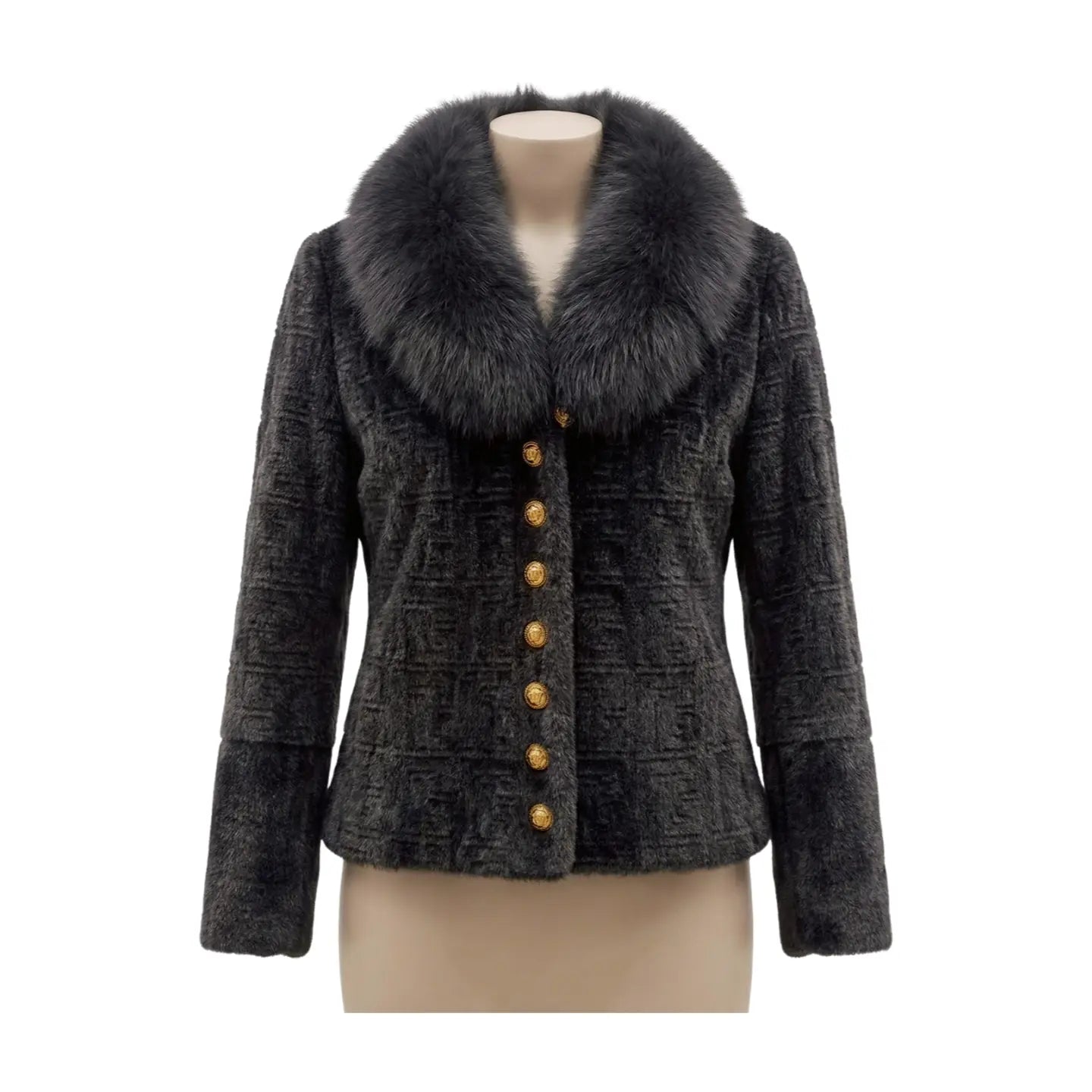 Alcantara and Fox Fur Jacket with Gold Buttons Marcella Acosta Couture Collection