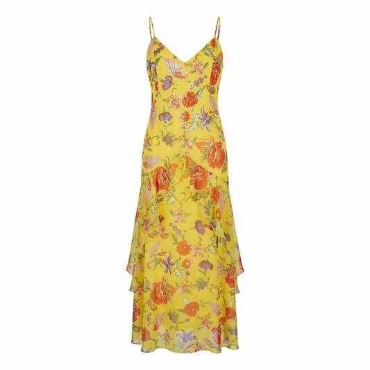 Yellow Flower Silk Long Dress