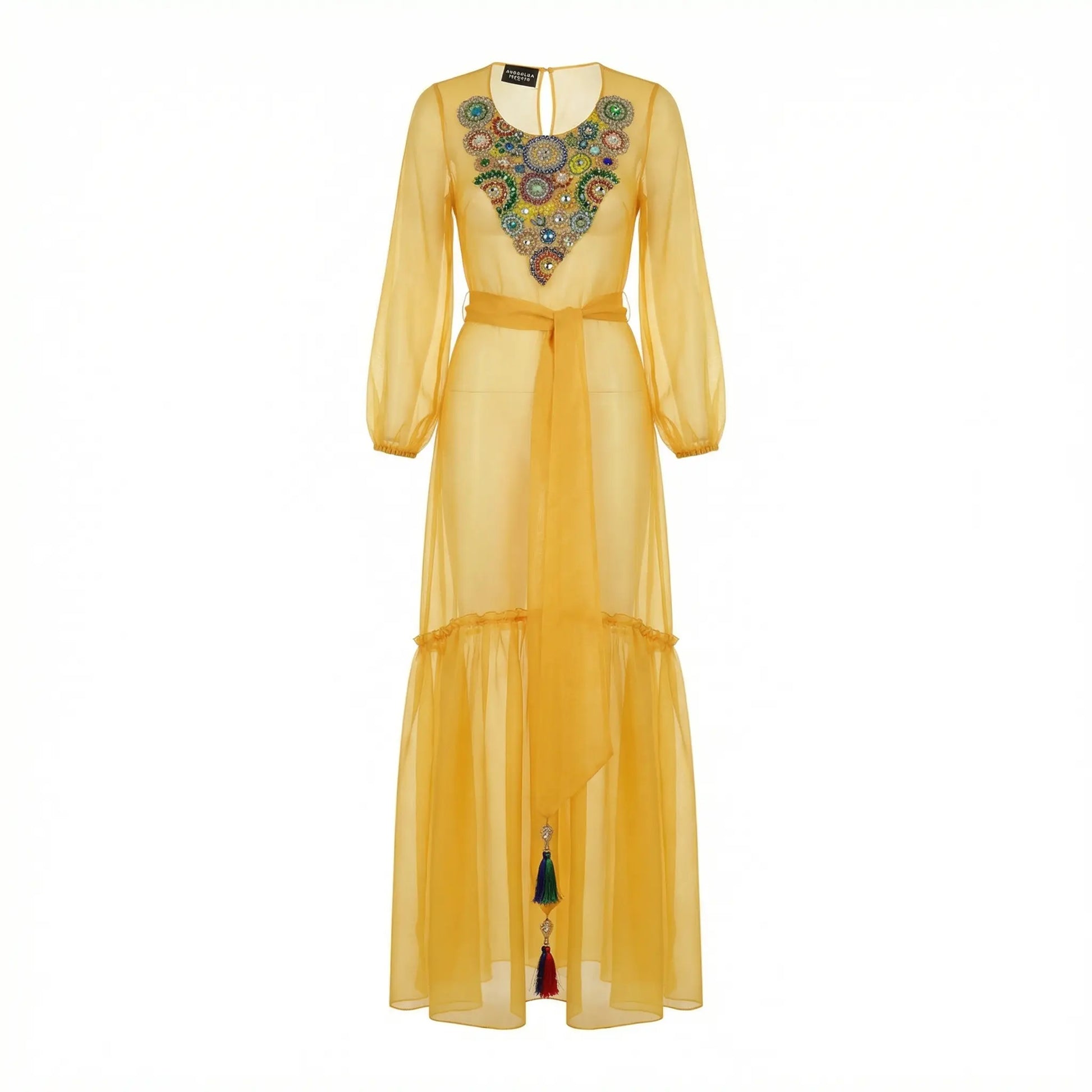 Taffeta Yellow Long Dress Swarovski Marcella Acosta Couture Collection