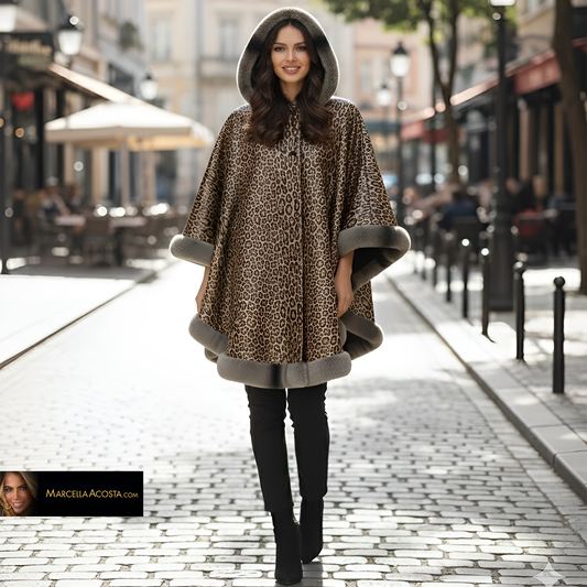 Marcella Acosta Reversible Chinchilla and Printed Leather Tiger with Fox Cape.