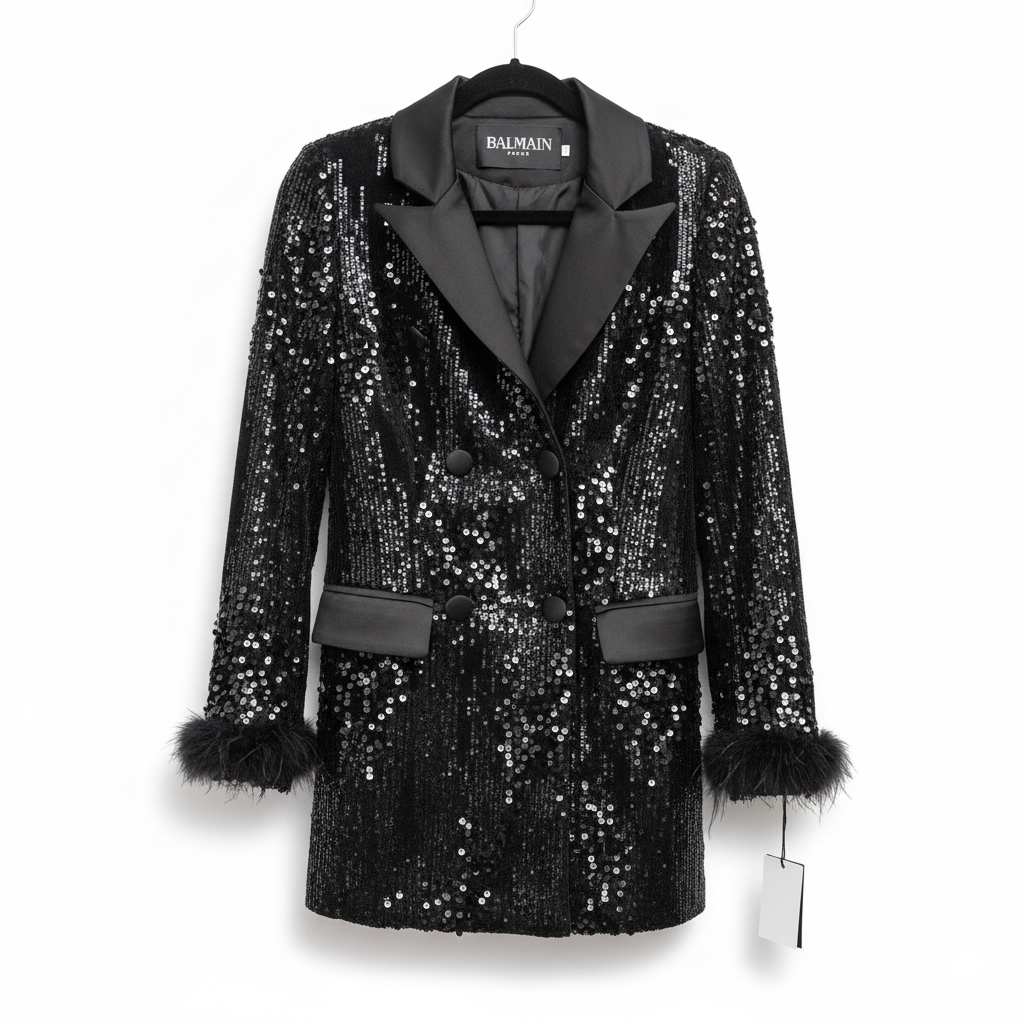 BALMAIN Black Long Jacket with Sequins and Feathers