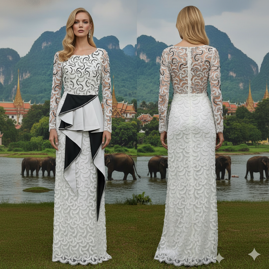 Marcella Acosta GENESE Long Haute Couture Black and White Dress with Swarovski Hand- Made