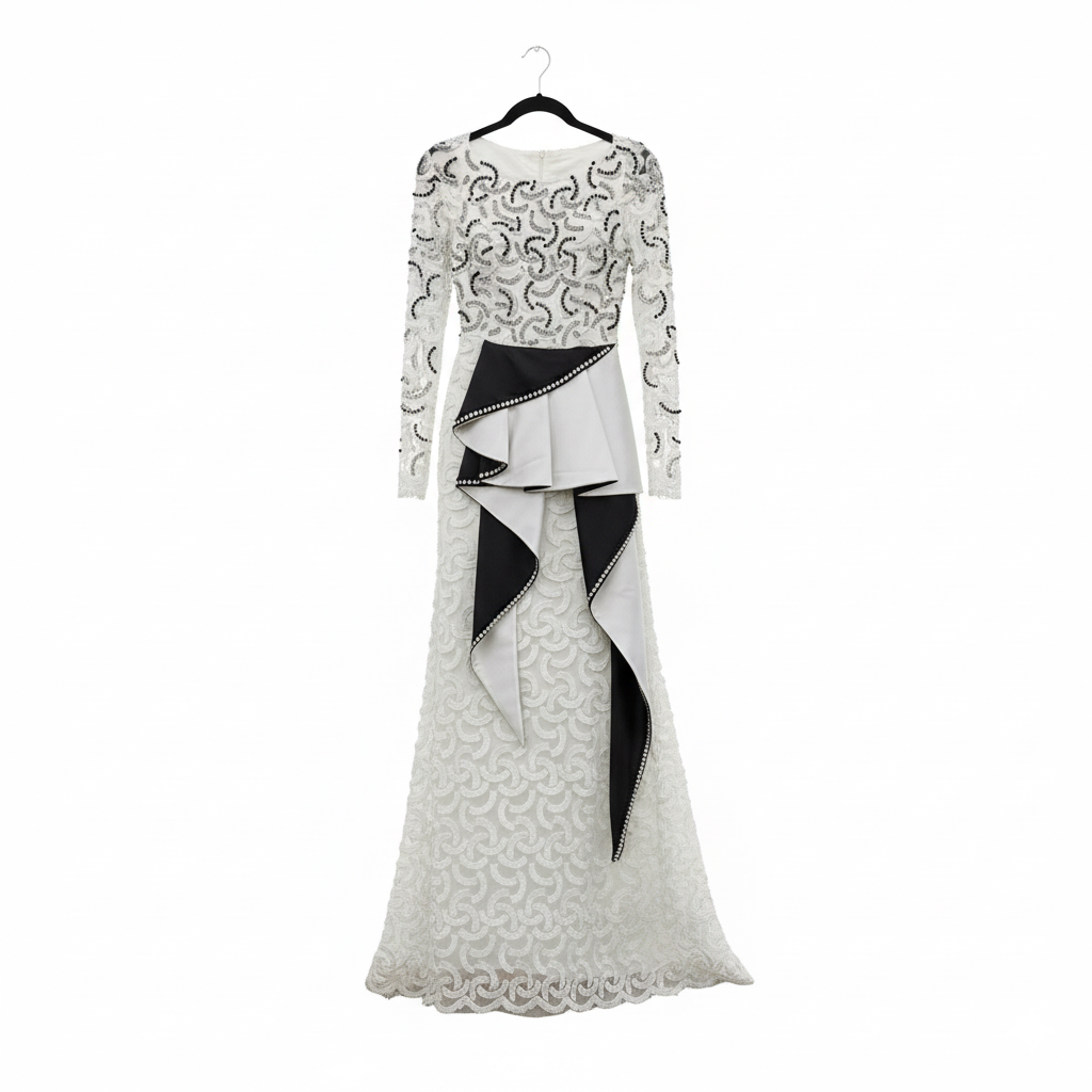Marcella Acosta GENESE Long Haute Couture Black and White Dress with Swarovski Hand- Made