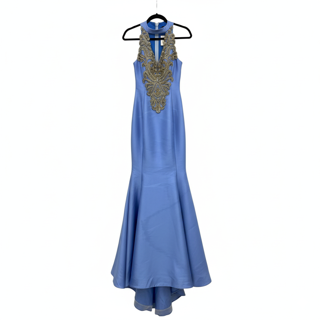 GENESE Blue Taffeta Long Gown Handmade with Crystals