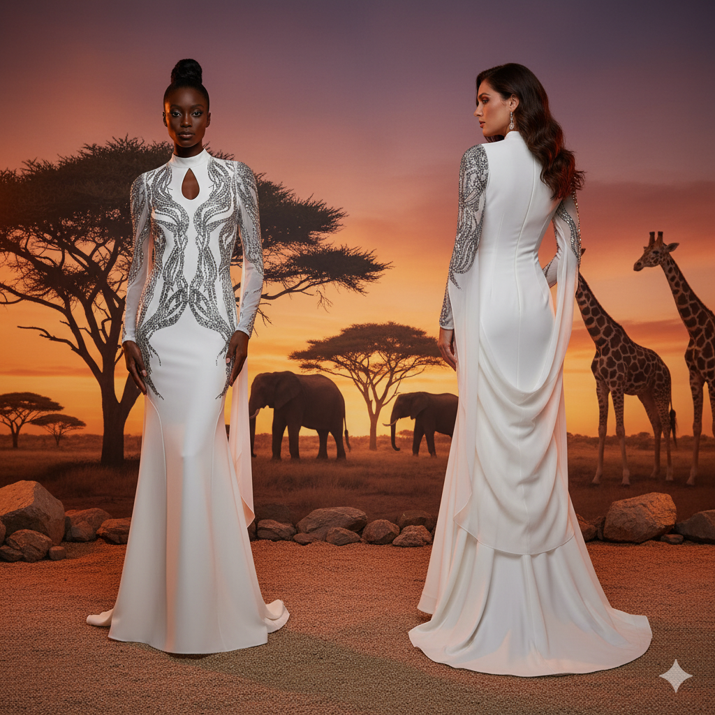 Genese Long White Haute Couture Gown Hand-Embroidered.