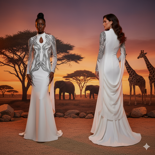 Genese Long White Haute Couture Gown Hand-Embroidered.