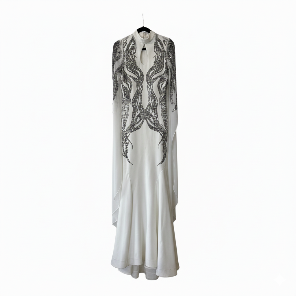 Genese Long White Haute Couture Gown Hand-Embroidered.