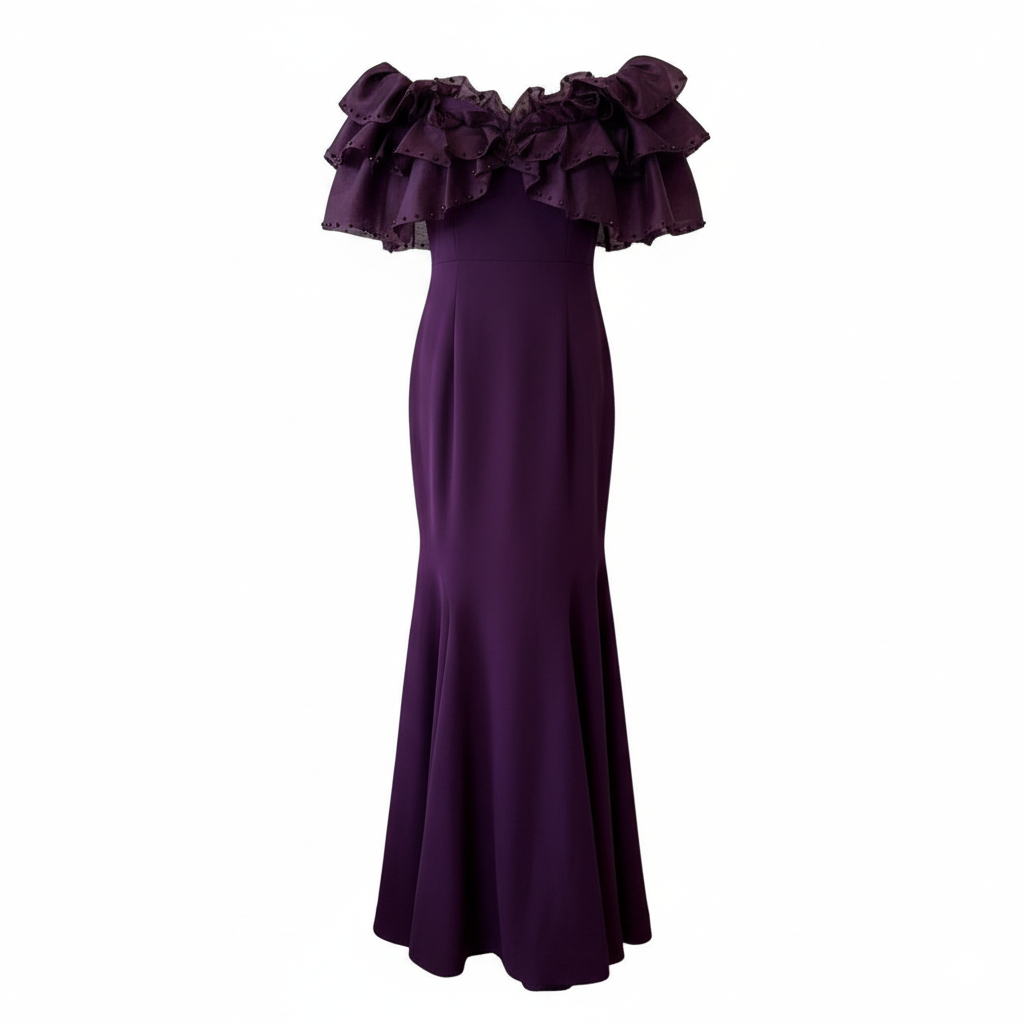 Genese Purple Stretch Long Gown with Crystals