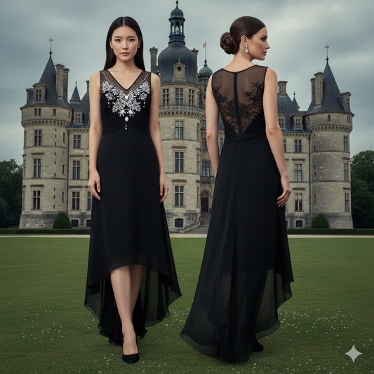 Marcella Acosta Black Silk Chiffon Long Dress Transparent Embroidered with Swarovski