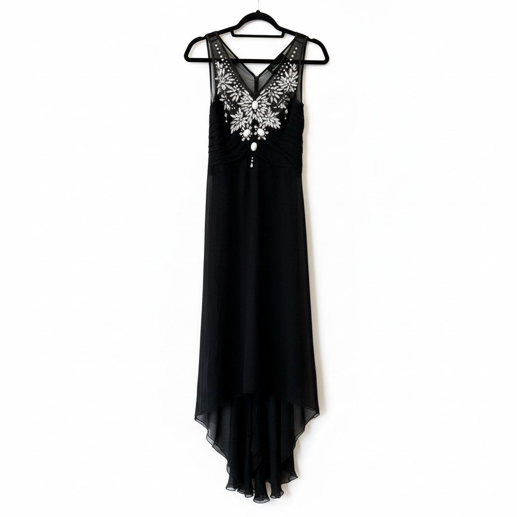 Marcella Acosta Black Silk Chiffon Long Dress Transparent Embroidered with Swarovski