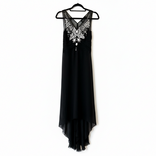 Black Silk Chiffon Long Dress Transparent Embroidered with Swarovski