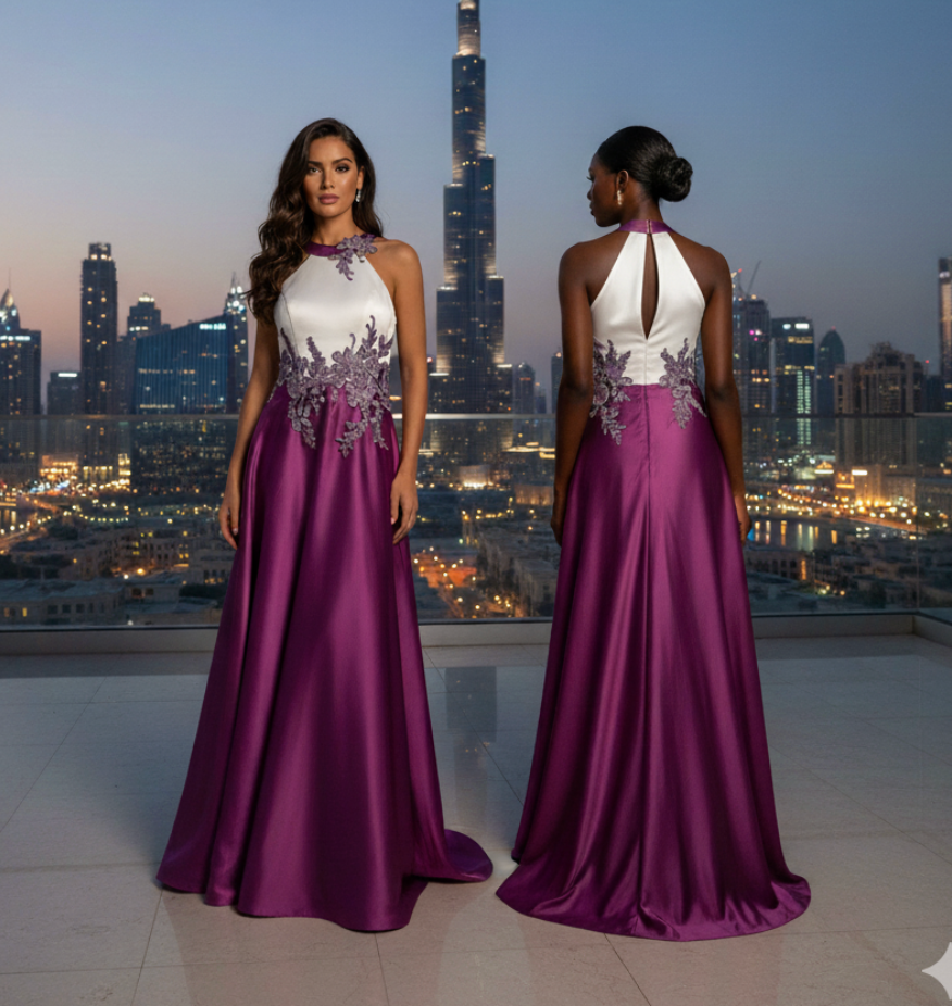 Genese White and Lila Embroidered Long Gown Dress Haute Couture