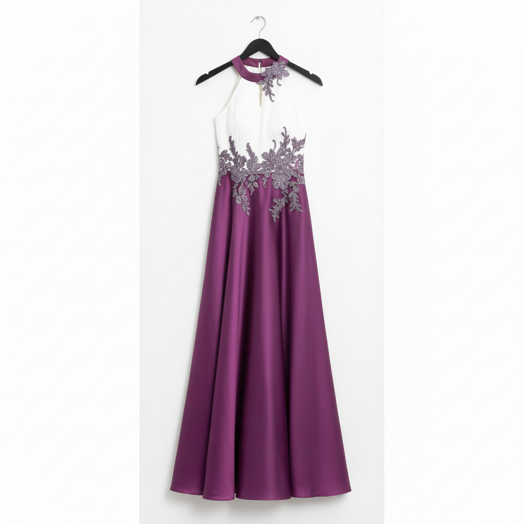 Genese White and Lila Embroidered Long Gown Dress Haute Couture