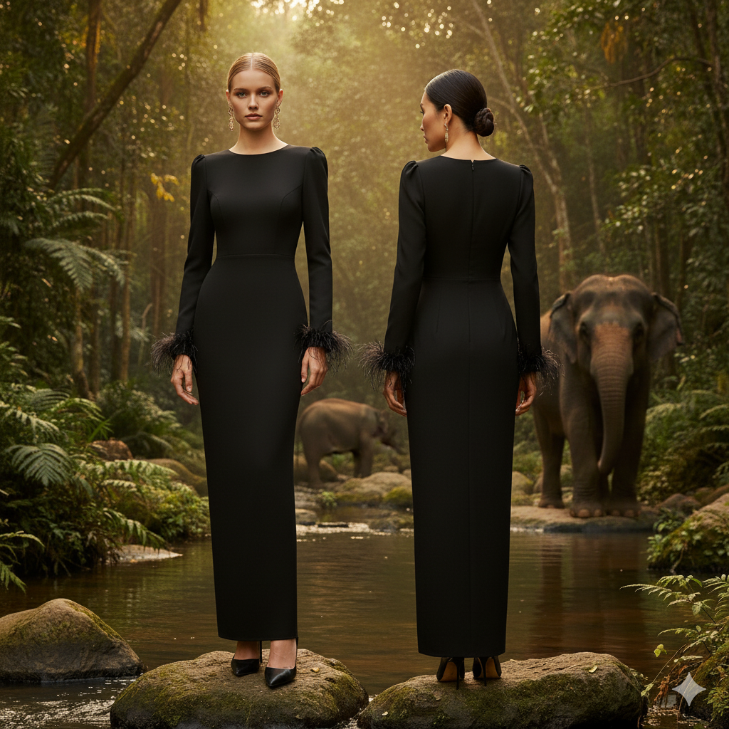 Long Black Stretch Gown with Feathers