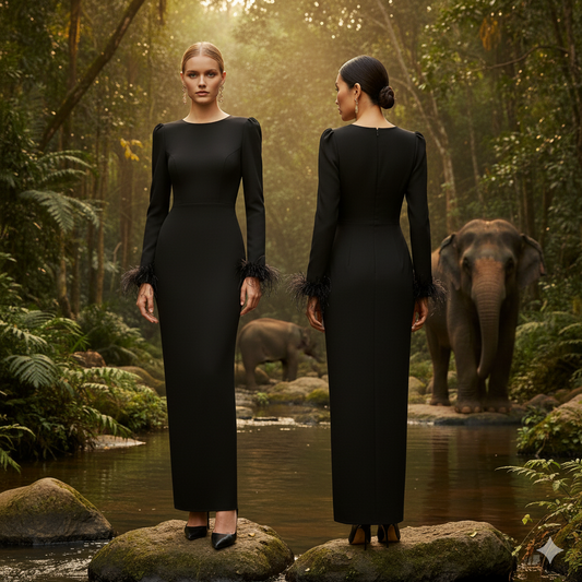 Long Black Stretch Gown with Feathers