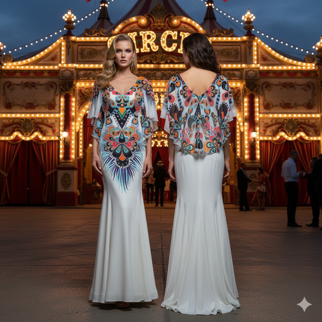 Genese White Stretch Long Gown with Crystals.