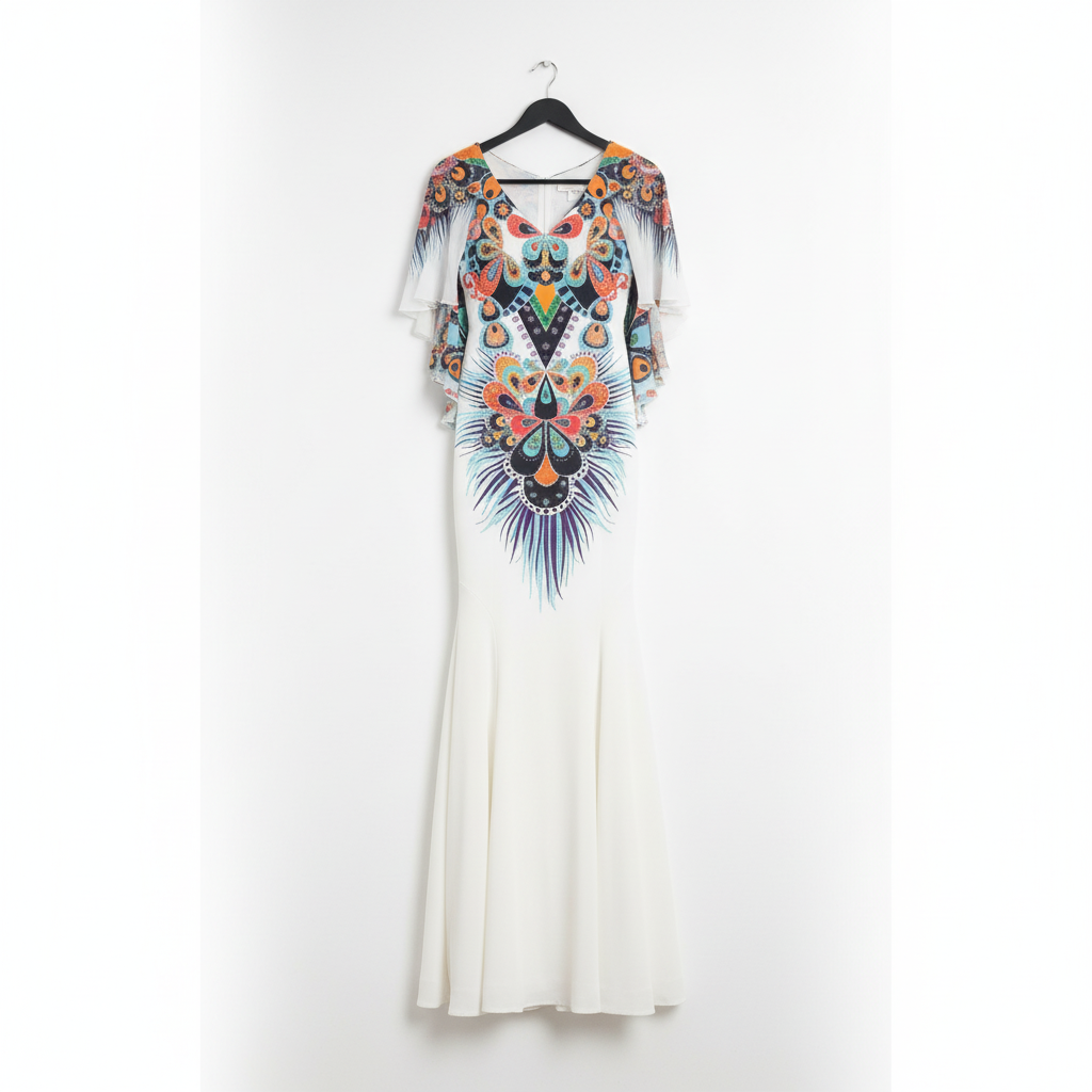 Genese White Stretch Long Gown with Crystals.