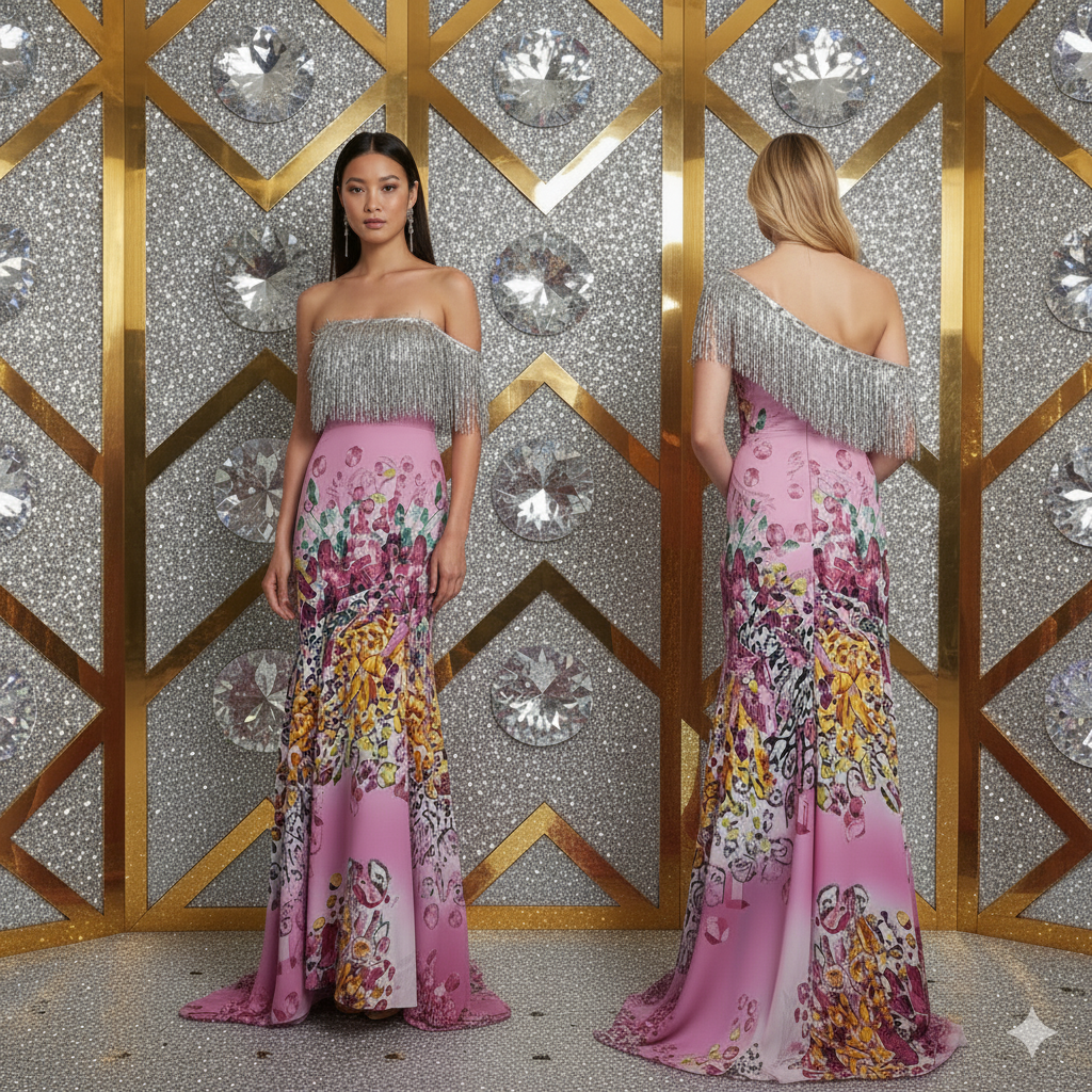 MA Genese Long Pink and Silver Stretch Gown.
