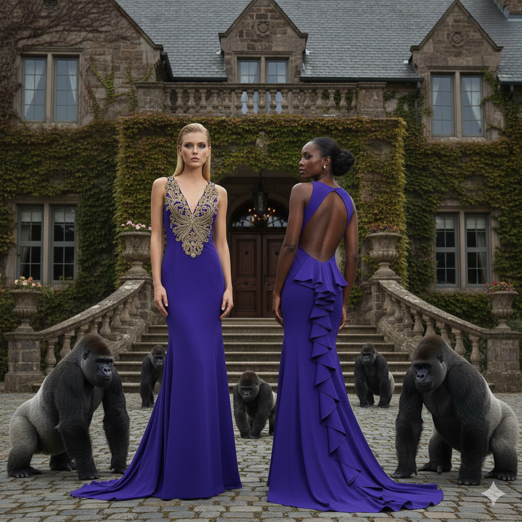 Purple Stretch Long Gown Embroidered in Gold Crystals.