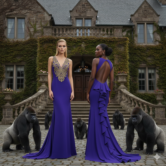 Purple Stretch Long Gown Embroidered in Gold Crystals.