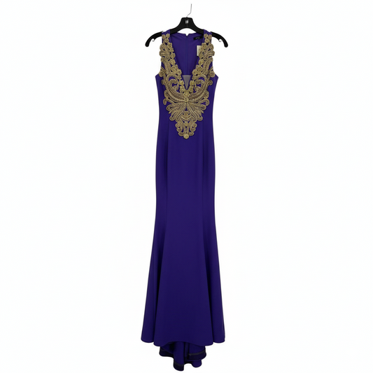 Purple Stretch Long Gown Embroidered in Gold Crystals.