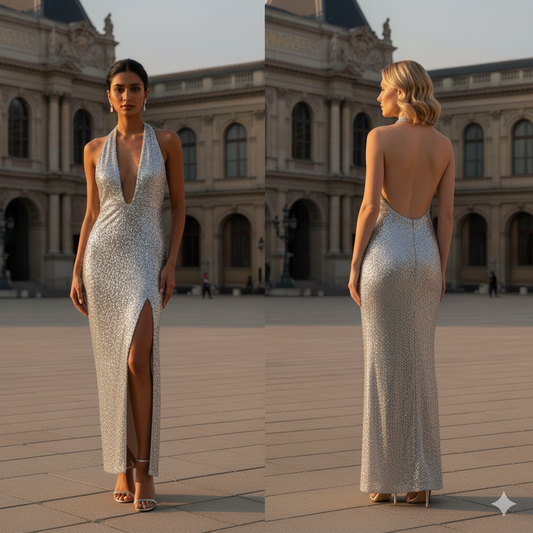 JIL JIL Silver Stretch Sequins Long Gown