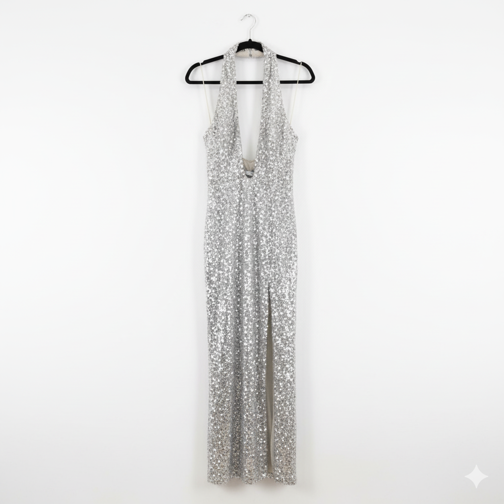 JIL JIL Silver Stretch Sequins Long Gown