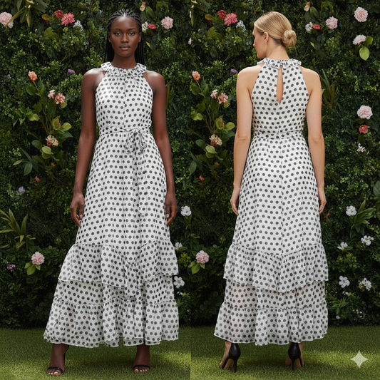 K Long Chiffon White Gown with Black Dots.