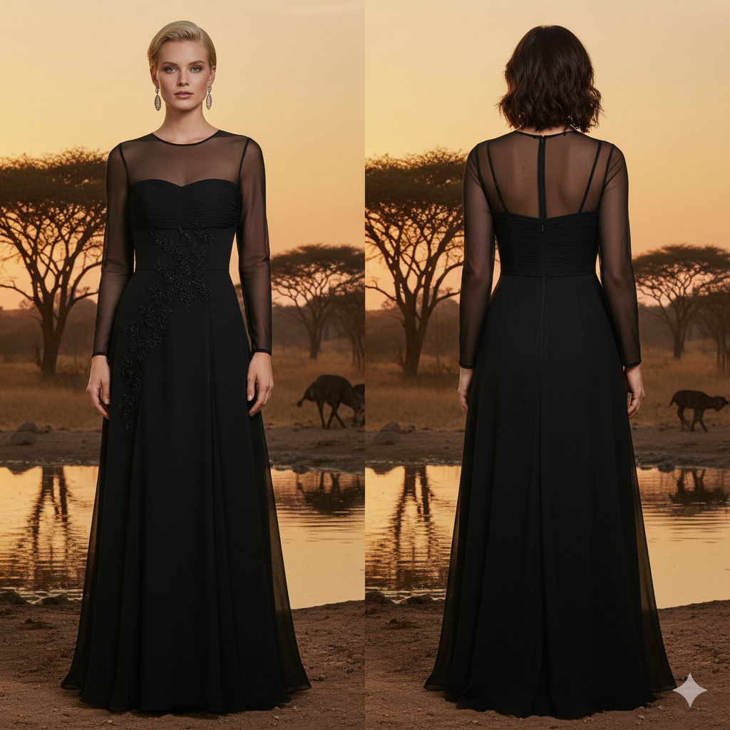 Marcella Acosta Silk Chiffon Black Long Gown Hand-Made All Embroidered.
