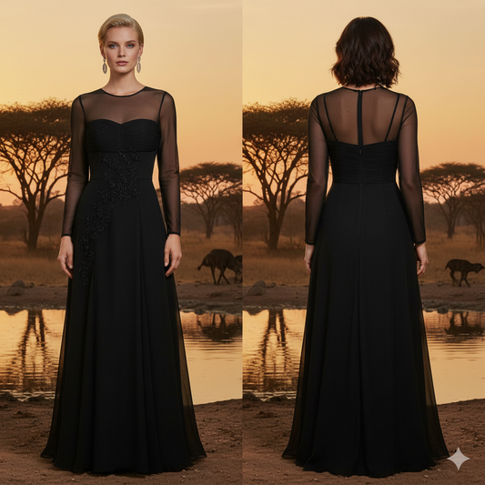 Marcella Acosta Silk Chiffon Black Long Gown Hand-Made All Embroidered.