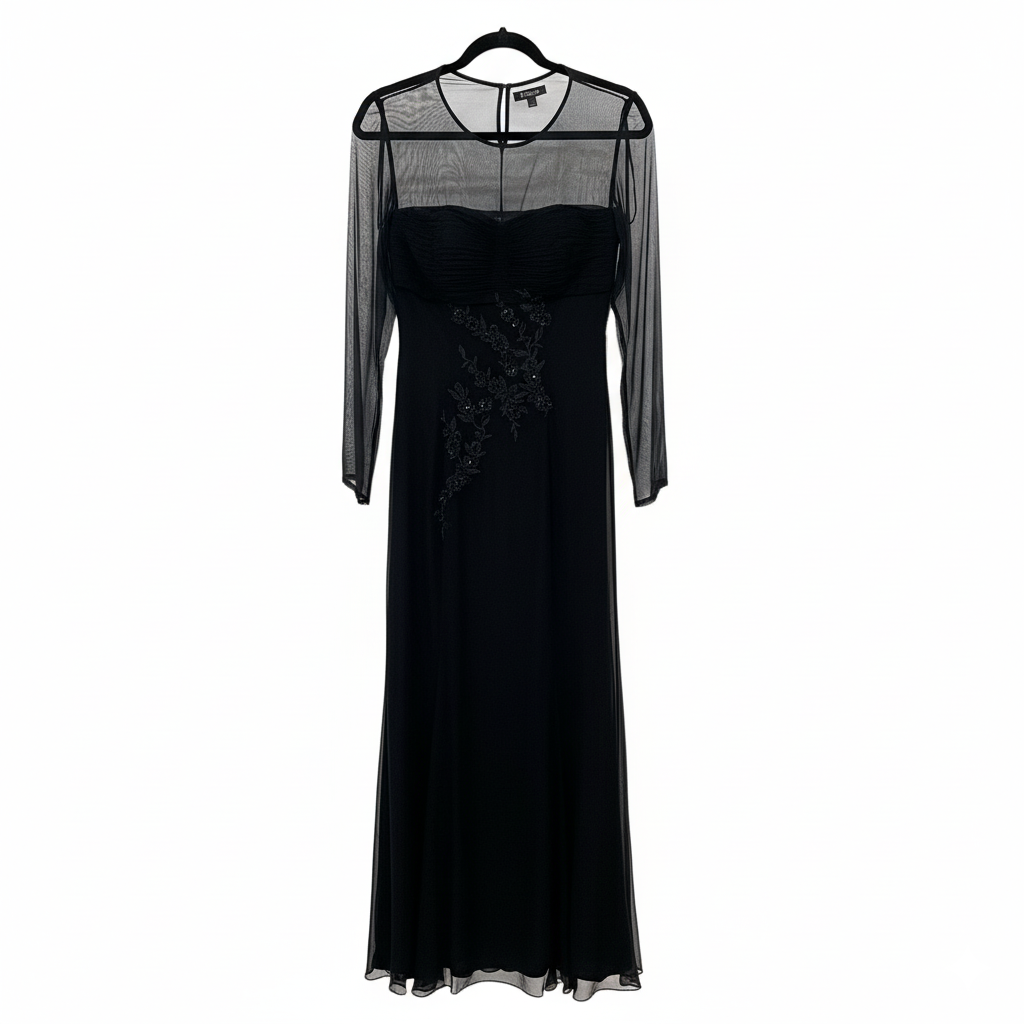 Marcella Acosta Silk Chiffon Black Long Gown Hand-Made All Embroidered.