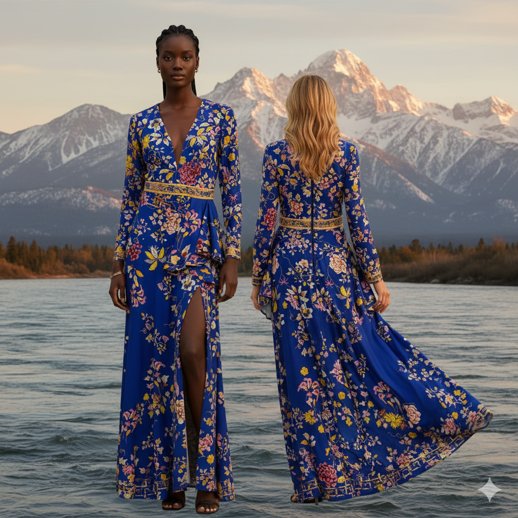 Gai Mattiolo Long Stretch Flower Dress with Crystals.