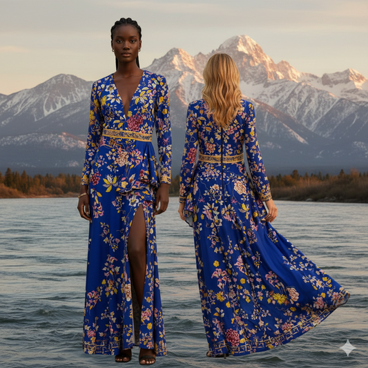 Gai Mattiolo Long Stretch Flower Dress with Crystals.