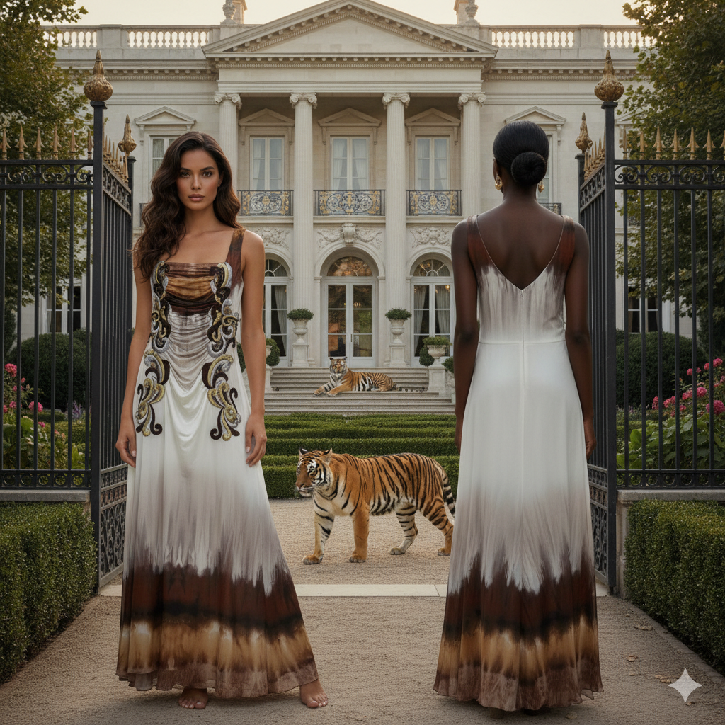 GENESE Stretch Embroidered Gown with  Swarovski Crystals.