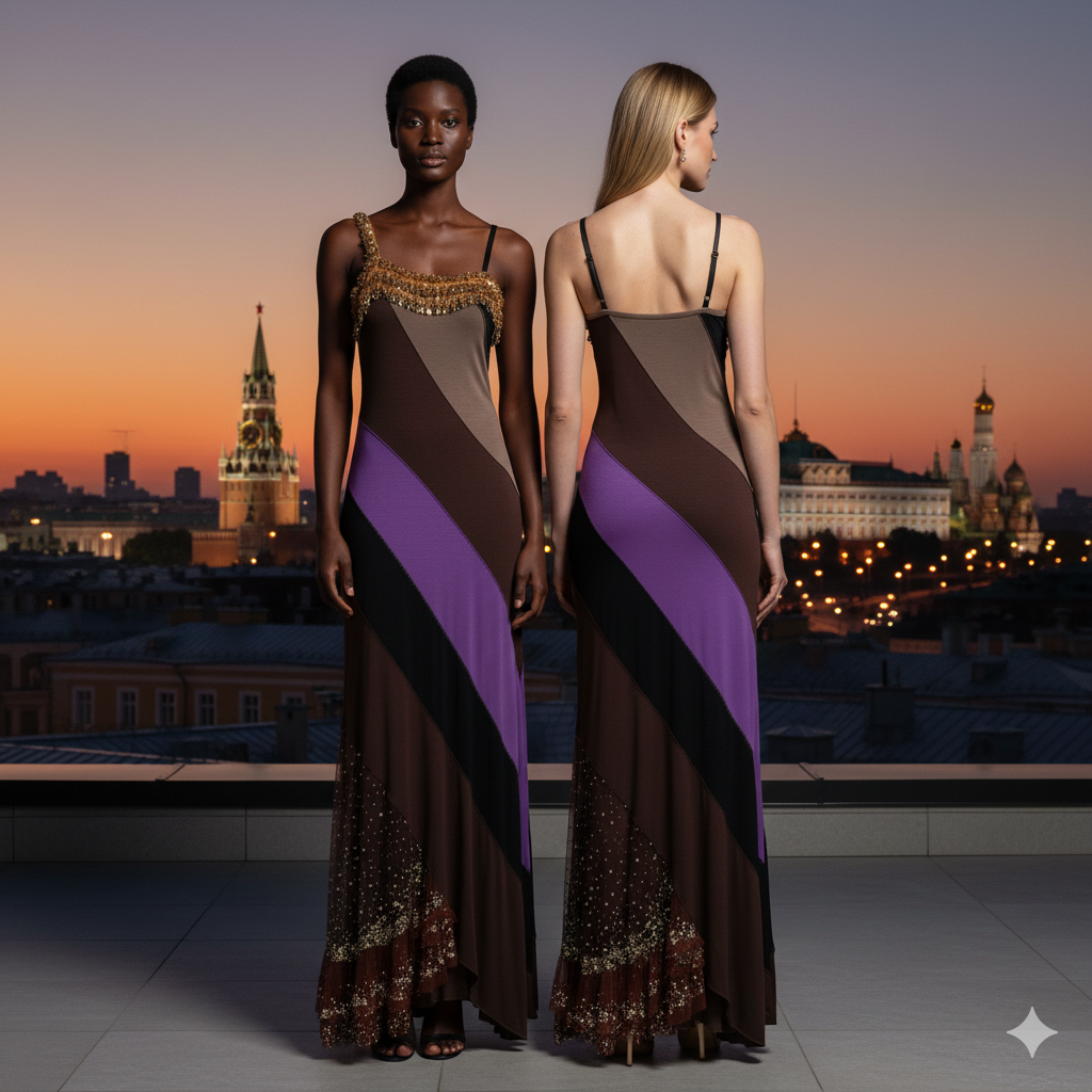 Maria Gitzia Colored Stretch Silk Long Gown with Sequins.