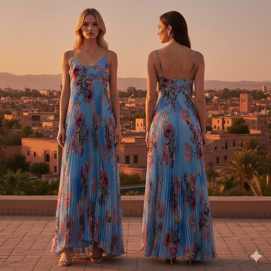 MILVA ME Blue Flowers Silk Pleated Dress.