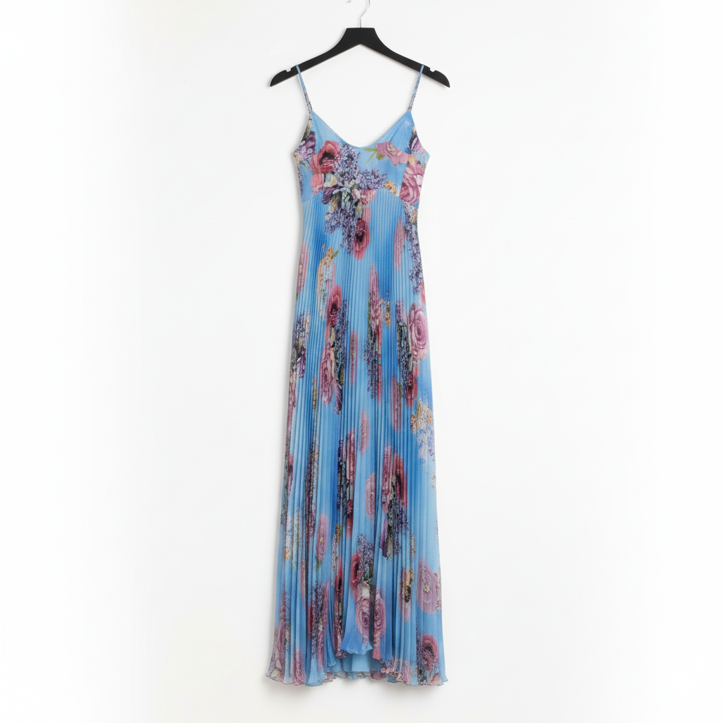 MILVA ME Blue Flowers Silk Pleated Dress.