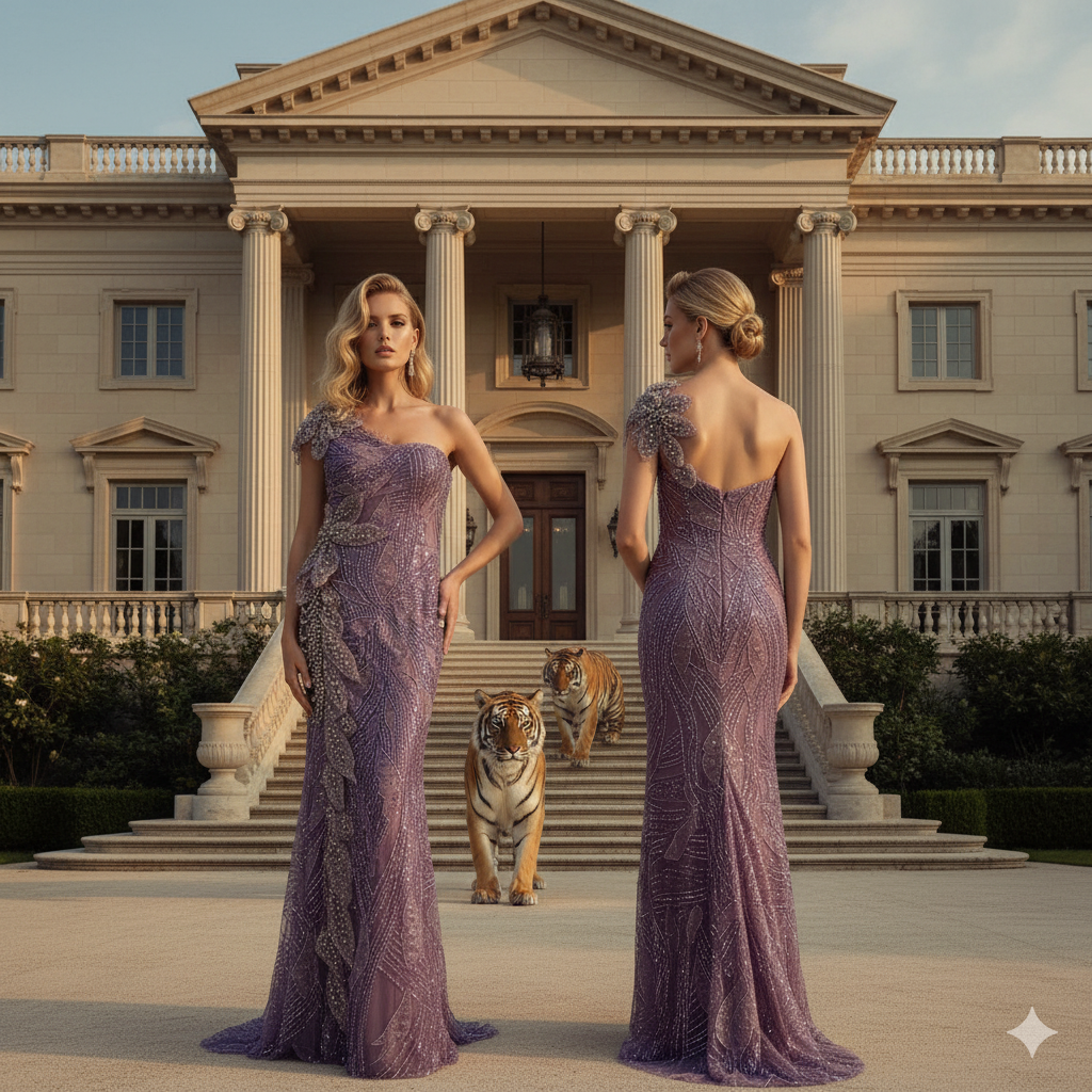 GUNBEYI Long Gown Violet, all Embroidered with Pearls and Hand-Made Flowers
