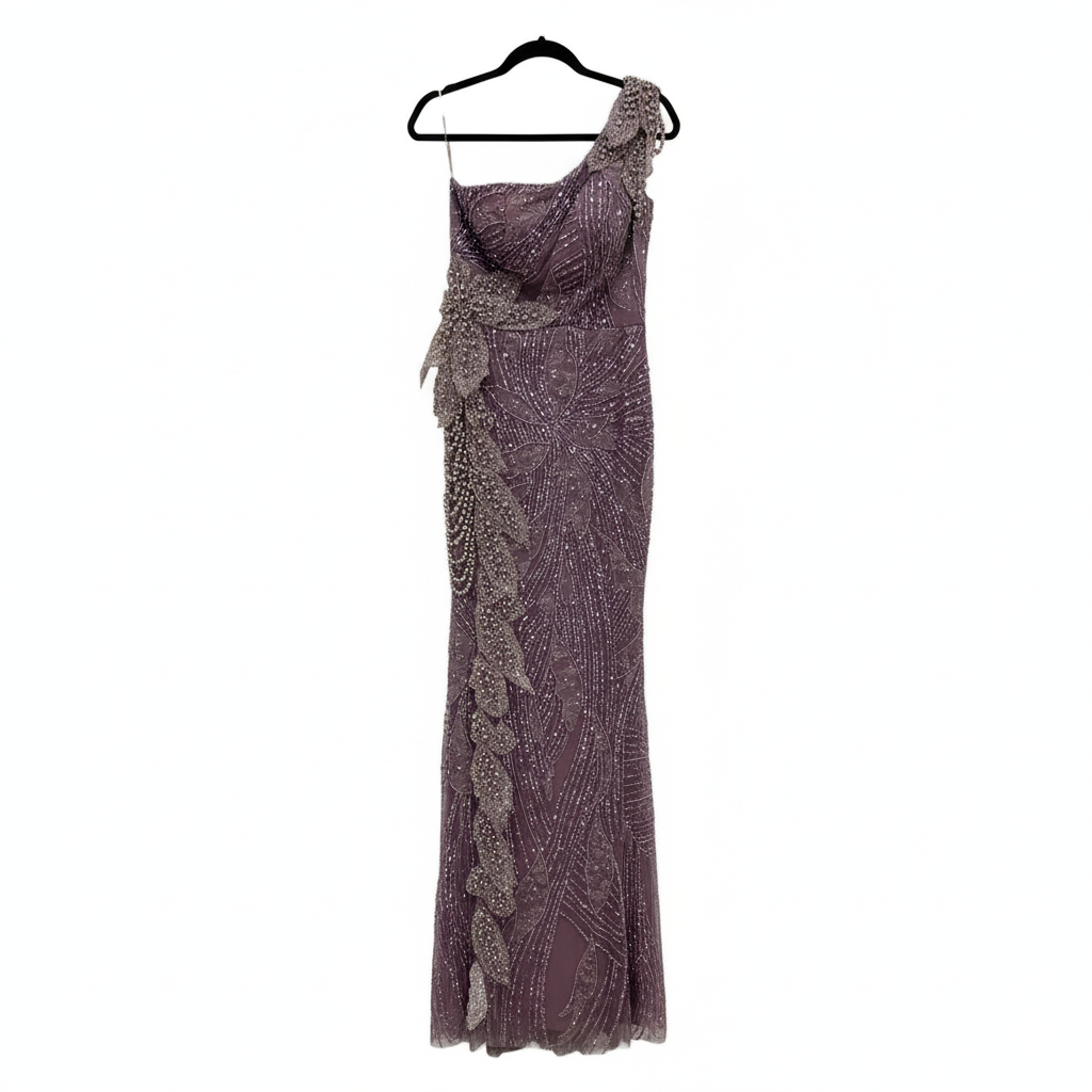 GUNBEYI Long Gown Violet, all Embroidered with Pearls and Hand-Made Flowers