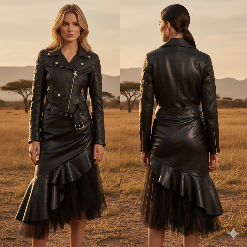 PINKO and Marcella Acosta Leather Jacket and Midi Skirt.