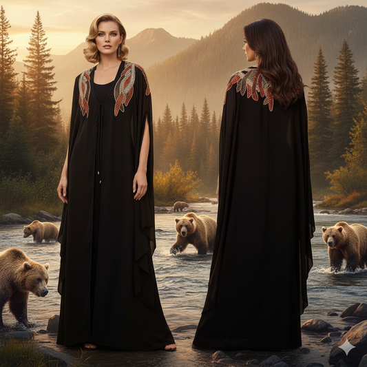 GENESE Super Kimono with Crystals, Silk, Black Chiffon.