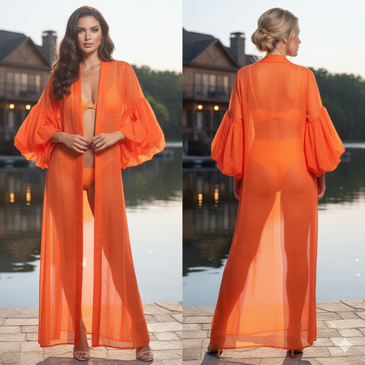 Marcella Acosta Orange Kimono Transparent Long Chiffon.