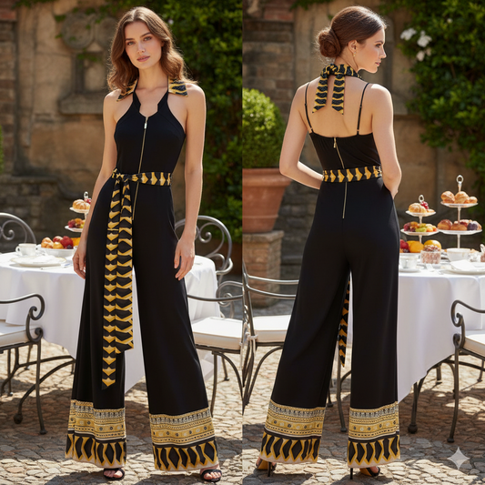 GENESE Black and Yellow Jumpsuit with Zipper and Swarovski